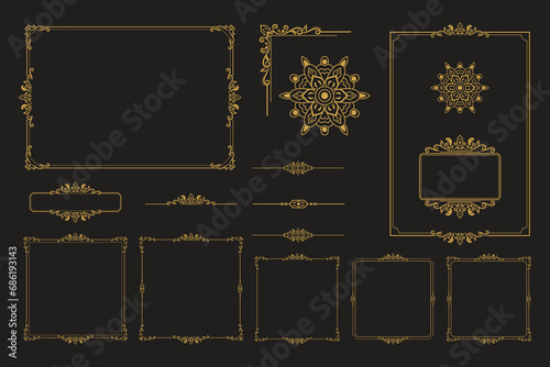 Set Of Golden Vintage ornament with border, frame, crown, ornate,  mandala and luxury elements, suitable for vintage design or wedding invitation card