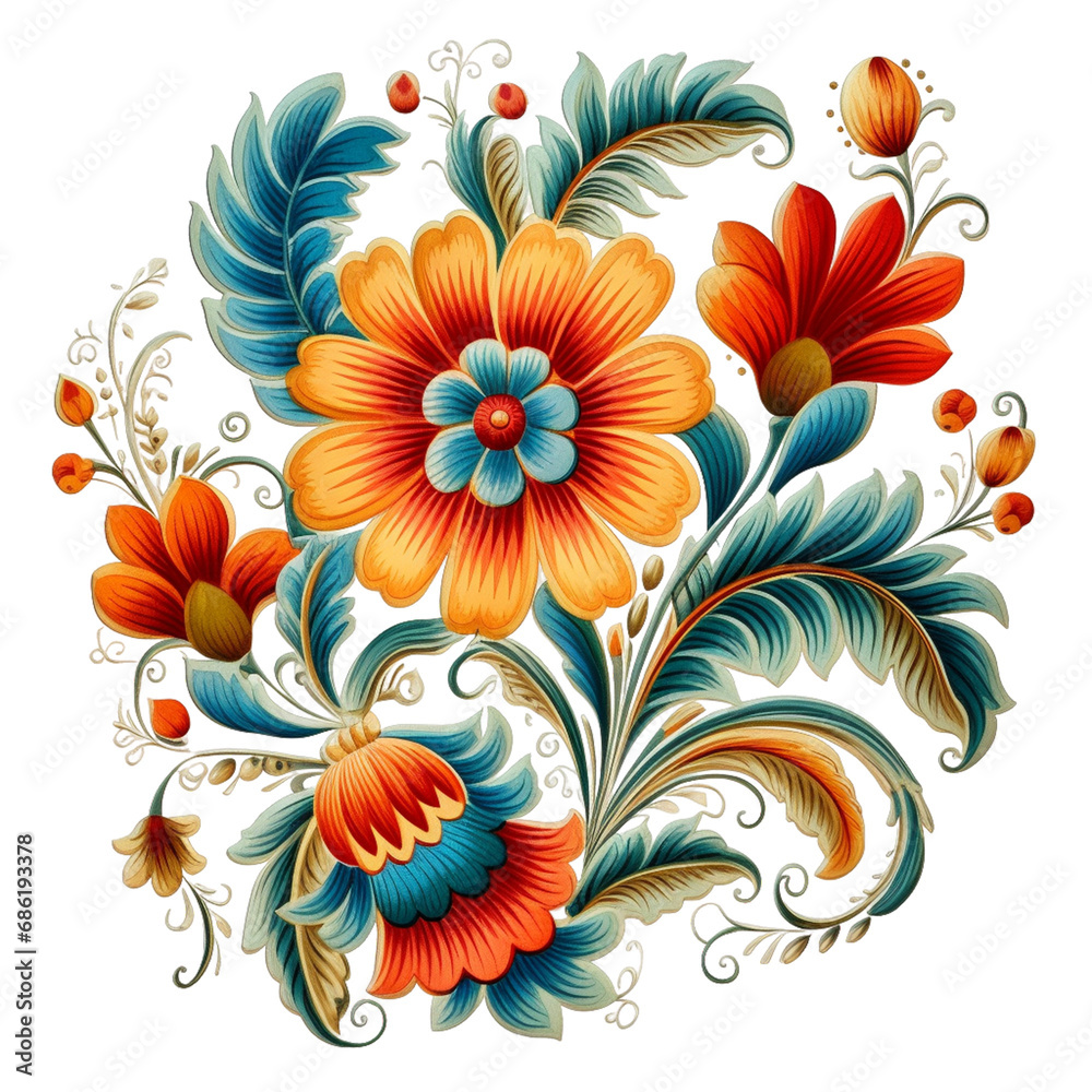 A floral pattern with leaves and flowers.
