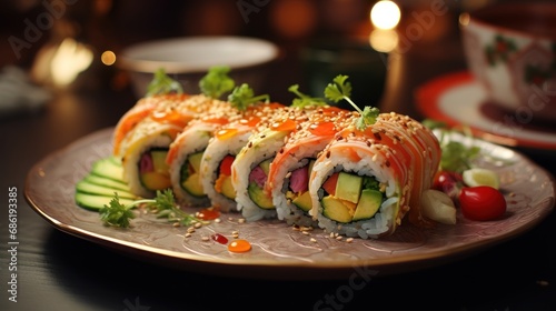 a close-up of a sushi roll with a healthy avocado shallot filling topped with a luxurious fish roe and sesame seeds.