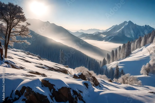 Beautiful Landscape of mountain layer in morning sun ray and winter fog,