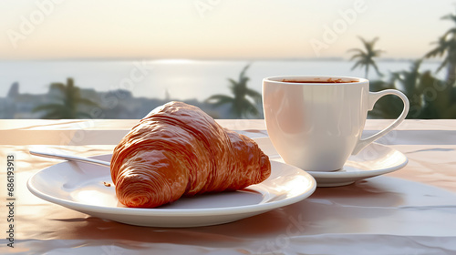 croissant and a cup of coffee on a table with a beautiful ocean view in the background  ai generative