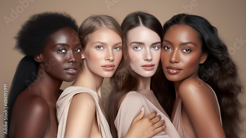Four women with different hair types and skin tones, wearing light-colored tops, standing together, ai generative