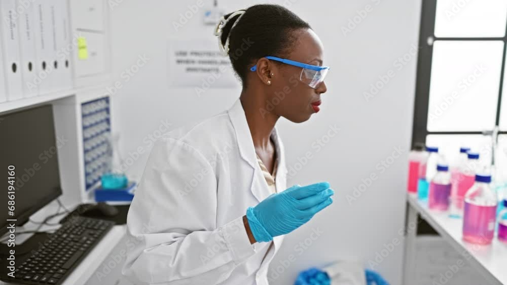 Attractive african american female scientist immersed in groundbreaking research, analysing sample under microscope in bustling lab. Attractive african american female scientist immersed in groundbreaking research, analysing sample under microscope in bustling lab.
