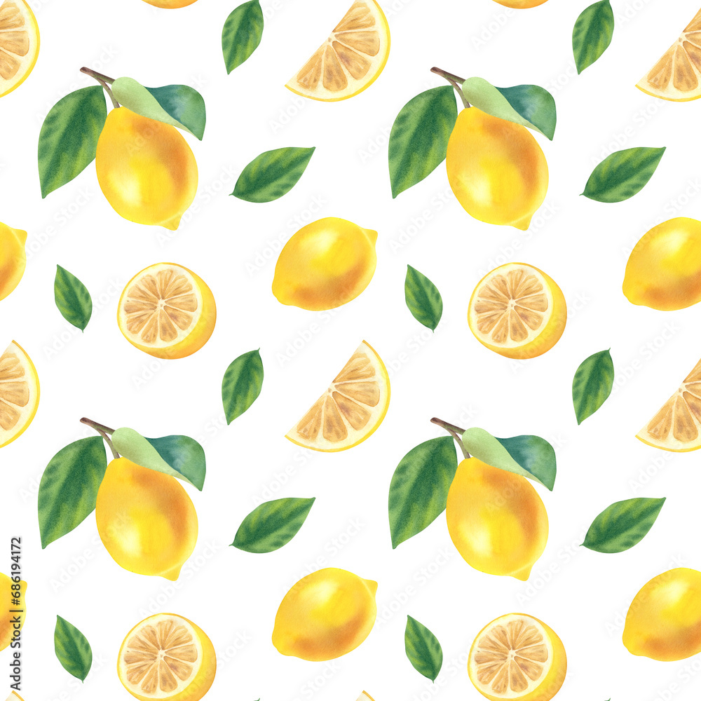 Watercolor seamless pattern of fresh juicy lemons with leaves and slices. Hand drawing. Citrus fruit background. For designers, postcards, party Invitations, wrapping.