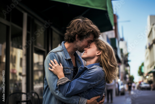 Two people in denim jackets are embracing in love on a city street, ai generative