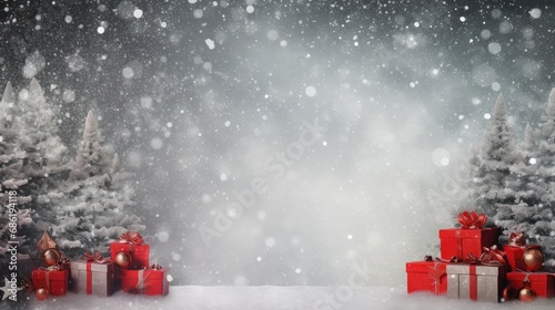 Christmas tree and gift boxes on the background of snow. Empty space © cherezoff