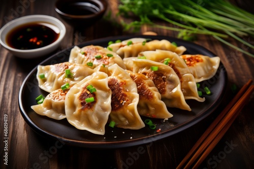 Tasty homemade Gyoza dumplings with a side of soy sauce and pickled ginger, presented on a wooden table