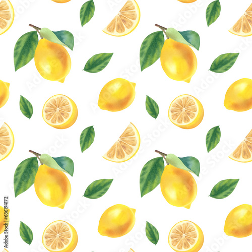 Fototapeta Naklejka Na Ścianę i Meble -  Watercolor seamless pattern of fresh juicy lemons with leaves and slices. Hand drawing. Citrus fruit background. For designers, postcards, party Invitations, wrapping.
