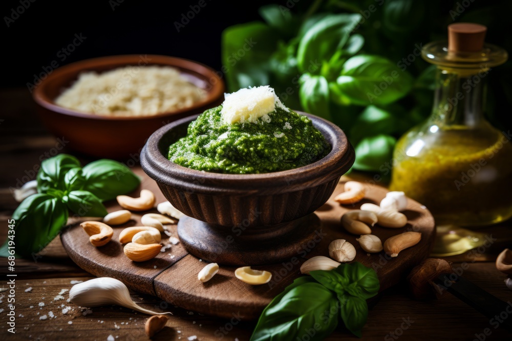An Intimate Look at the Preparation of Homemade Pesto Sauce with its Key Ingredients Spread on a Rustic Kitchen Table An Intimate Look at the Preparation of Homemade Pesto Sauce with its Key Ingredients Spread on a Rustic Kitchen Table