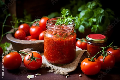Delicious homemade tomato relish in a charming glass jar, surrounded by fresh ingredients on an old wooden table