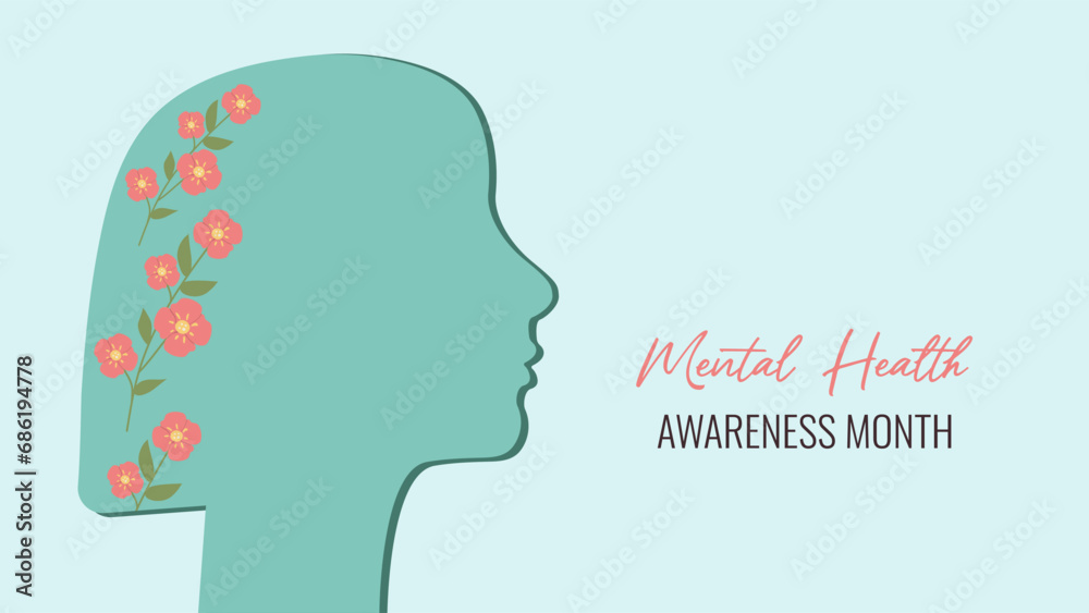 Mental Health Awareness Month banner is observed every year in May. Vector template for banner, greeting card in flat minimalistic style.