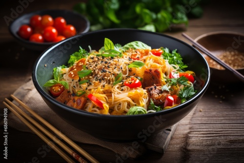 A tantalizing bowl of traditional Asian vermicelli noodles, garnished with fresh herbs, ready to be enjoyed