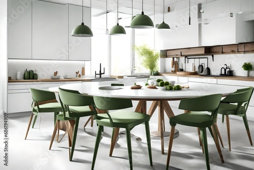Closeup view, kitchen with beautiful chairs of green color, with round table, white back ground