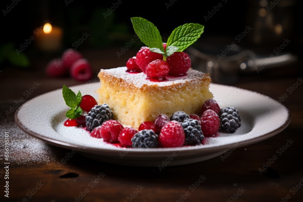 A tempting Zuccotto, garnished with a dusting of powdered sugar and vibrant fresh berries, awaits on a rustic table A tempting Zuccotto, garnished with a dusting of powdered sugar and vibrant fresh berries, awaits on a rustic table