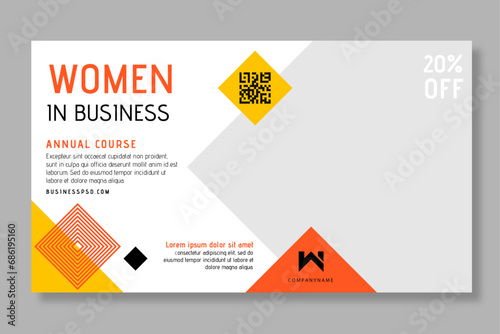 Business editable webinar horizontal banner template new design. Modern banner design with black and white background and yellow frame shape. Usable for banner, cover, and header.
 photo