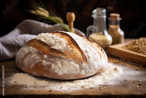 A golden-brown sourdough bread loaf on a vintage wooden table, accompanied by baking ingredients