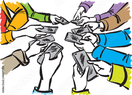 group of people with cellphones team work friends friendship concept vector illustration