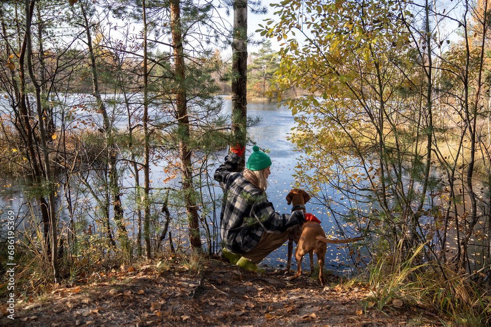Woman petting dog sitting on haunches in nature autumn park looking at sphagnum swamp, lake. Tourist female travelling with pet friend on weekend sit on haunches, back view. Travel tourism wanderlust.
