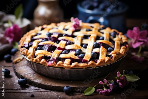 Tempting homemade blueberry pie with a golden lattice crust resting on a vintage wooden table