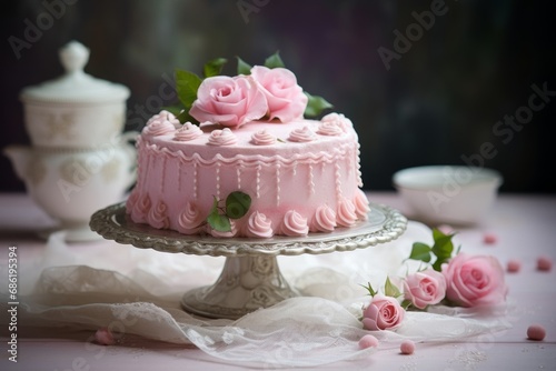 A beautifully crafted Prinsesstarta, a Swedish delicacy, with its distinctive pink marzipan and single rose decoration