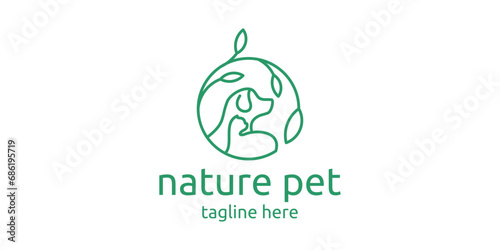 logo design combining pet shapes with natural plants, minimalist lines.