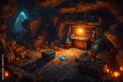 a hidden cave with a treasure chest and glowing crystals