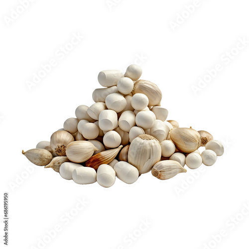 A pile of pills and garlic isolated on transparent background