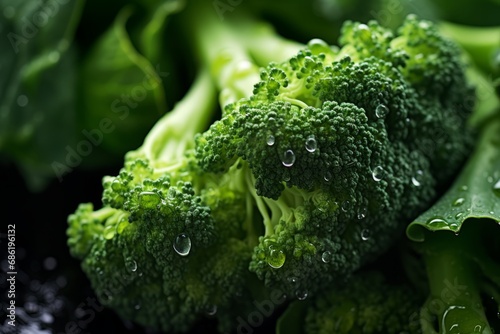 A detailed macro shot of a dew-kissed broccoli floret resting on a vintage wooden surface
