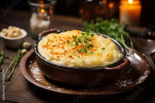 A detailed food photograph showcasing the texture and creaminess of traditional French Aligot photo