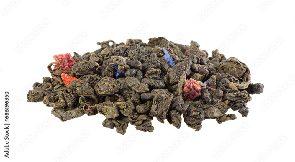 Heap of green tea with petals isolated on white background.