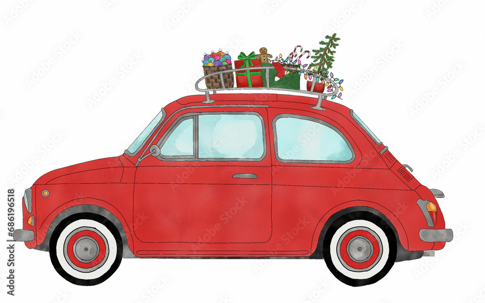 Retro Fiat 500 with Christmas gifts