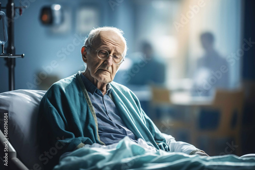 An elderly man with suspected alzheimer's or dementia lies in hospital photo