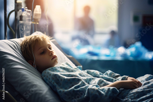 Sad little girl cancer patient lying alone in a hospital room photo