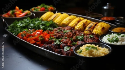 grilled chicken with vegetables with furneshed table with different foods