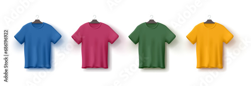 Set of colored t-shirts on a hanger, 3D, Realistic image for branding and advertising concepts for companies, sports events, and celebrations. Vector