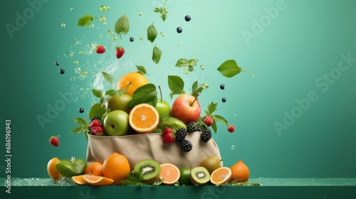 A paper bag with fruits flying out against a green background with copyspace for text Assorted vegetables and fruits are flying out of a paper bag  symbolizing vegan shopping