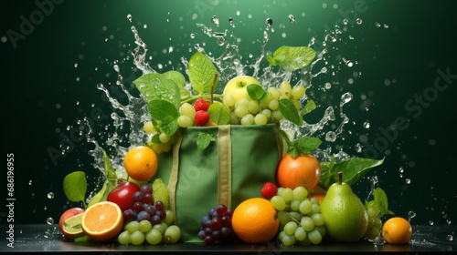 A paper bag with fruits flying out against a green background with copyspace for text Assorted vegetables and fruits are flying out of a paper bag, symbolizing vegan shopping