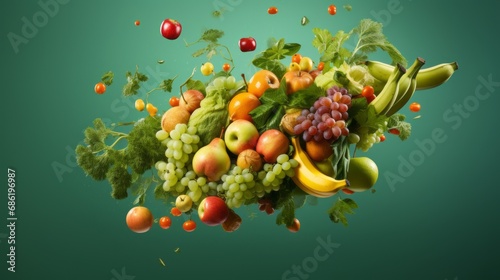 A paper bag with fruits flying out against a green background with copyspace for text Assorted vegetables and fruits are flying out of a paper bag, symbolizing vegan shopping