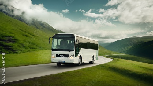 Tourist bus traveling on mountain road Travel destination photo