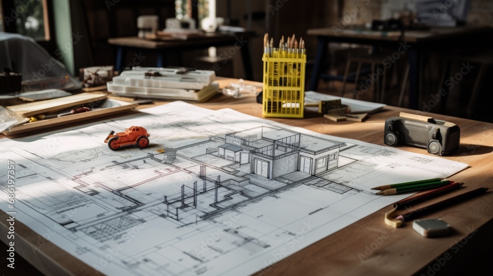 The blueprints of a residence on a worktable during the renovation, construction in progress The blueprints of a residence on a worktable during the renovation, construction in progress