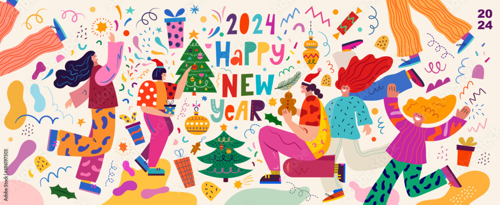 New Year holiday decorative banner. People celebrate the New Year