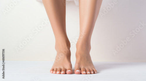 Woman, feet and beauty therapy closeup of female pedicure for salon, skincare and wellness. Clean, natural and fresh nails mockup for body care, relax and healthy lifestyle in a spa background photo
