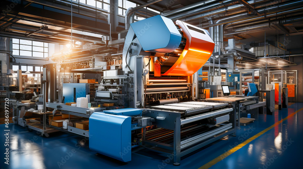 3d rendering of a modern factory interior with production line and equipment. Production line of the digital printing machine. Modern automated production line. Generative AI technology