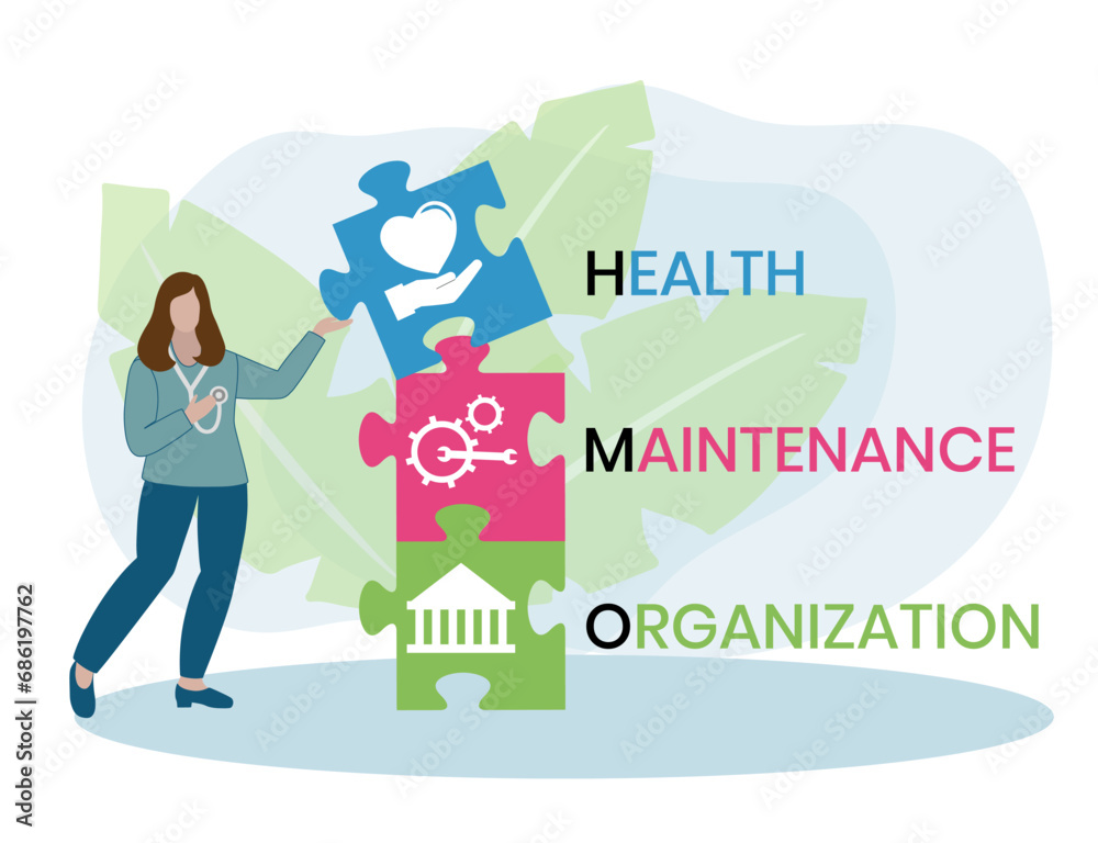 HMO, Health Maintenance Organization acronym. Concept with keyword and icons. Flat vector illustration. Isolated on white. HMO, Health Maintenance Organization acronym. Concept with keyword and icons. Flat vector illustration. Isolated on white.