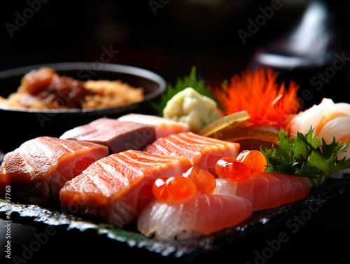 salmon sushi on a plate with black background
