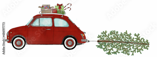 Retro Fiat 500 with Christmas gifts and tree photo