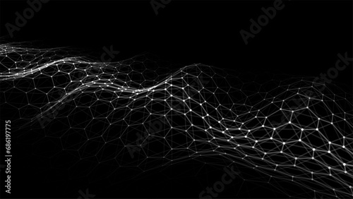 Black hexagon wave of particles and lines. Big data visualization. Abstract background with a dynamic wave. Vector illustration. photo
