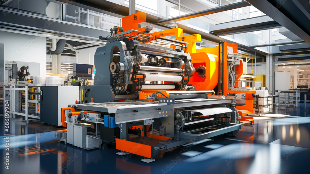 3d rendering of a modern factory interior with production line and equipment. Production line of the digital printing machine. Modern automated production line. Generative AI technology