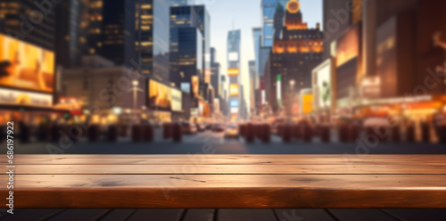 empty wooden table, city view, city background, blurred golden lights, free space, evening city, date night photo