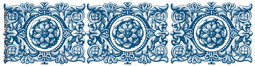 Indigo Floral Engraving Border. Hand Drawn Vector Outline, Graphic, Line Art. Vintage Baroque Ornament Frame. Modern Style. Antique Botanical Retro. Victorian Frame Border. Navy Blue. Medieval Stamp